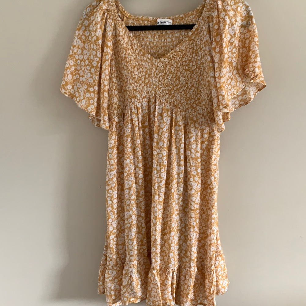 In Loom Yellow Floral Smocked Ruffle Maternity Dress NWOT